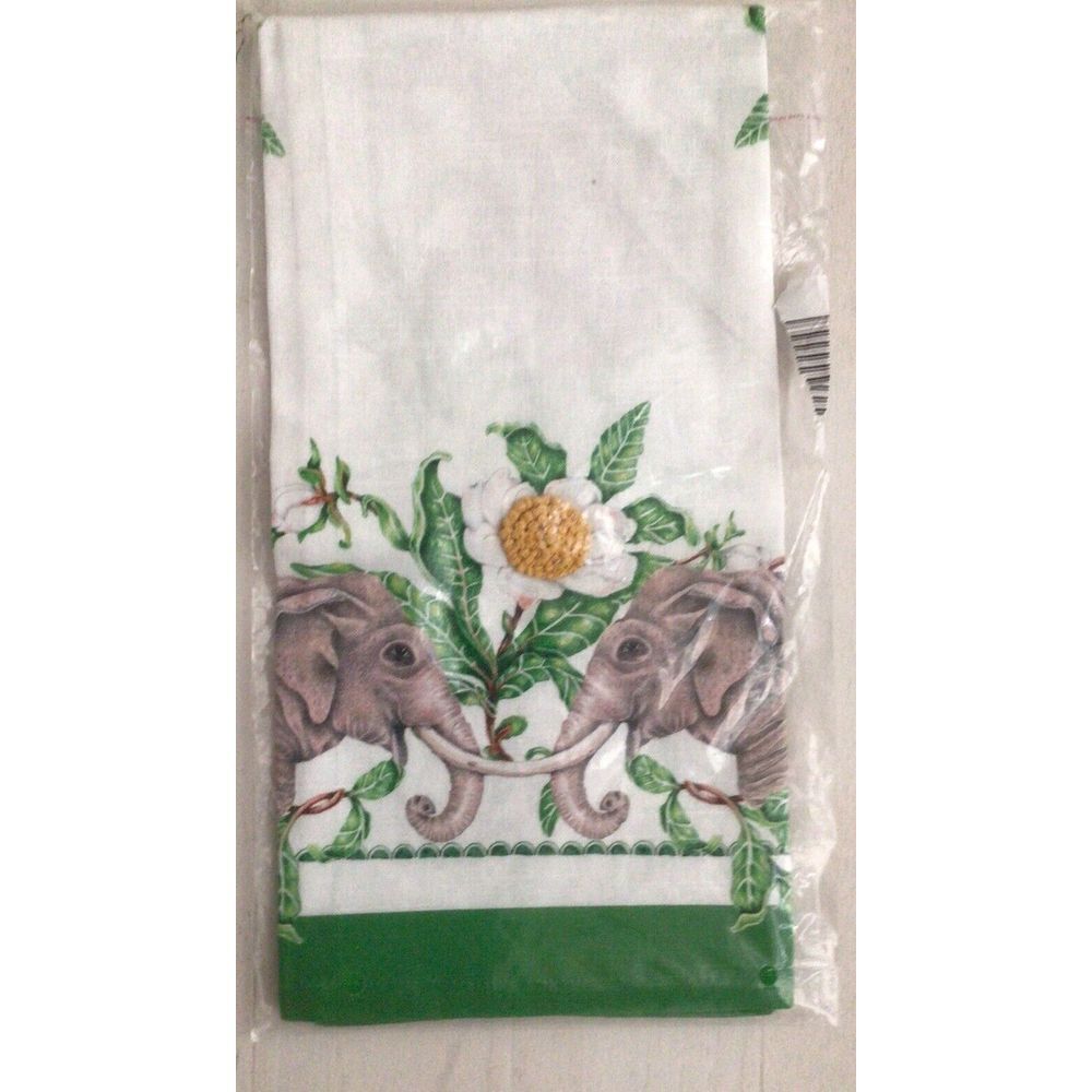 Anthropologie Lou Rota Elephant Dish Towel Green Gold Multi Printed Cotton NWT